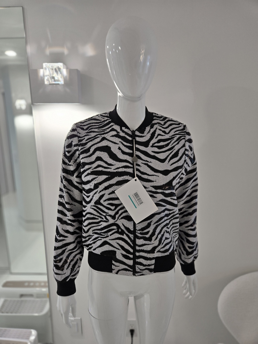 Alice + Olivia Lonnie Black & White Sequin Zebra-Print Bomber Jacket, NWT, XS